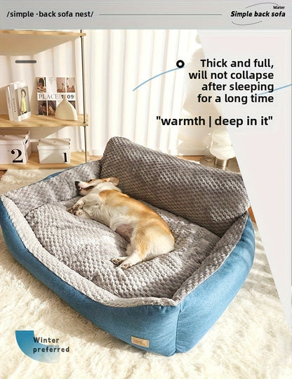 Blue-Gray Dog Bed Couch with Raised Back and Side Bolsters in Four Sizes, Plus One Random Cat Teaser