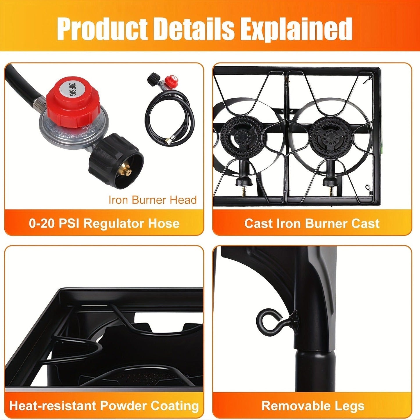 Outdoor Propane Burner Stand with One- or Three-Burner Layout, Removable Legs and 0–20 PSI Regulator Hose