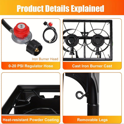 Outdoor Propane Burner Stand with One- or Three-Burner Layout, Removable Legs and 0–20 PSI Regulator Hose