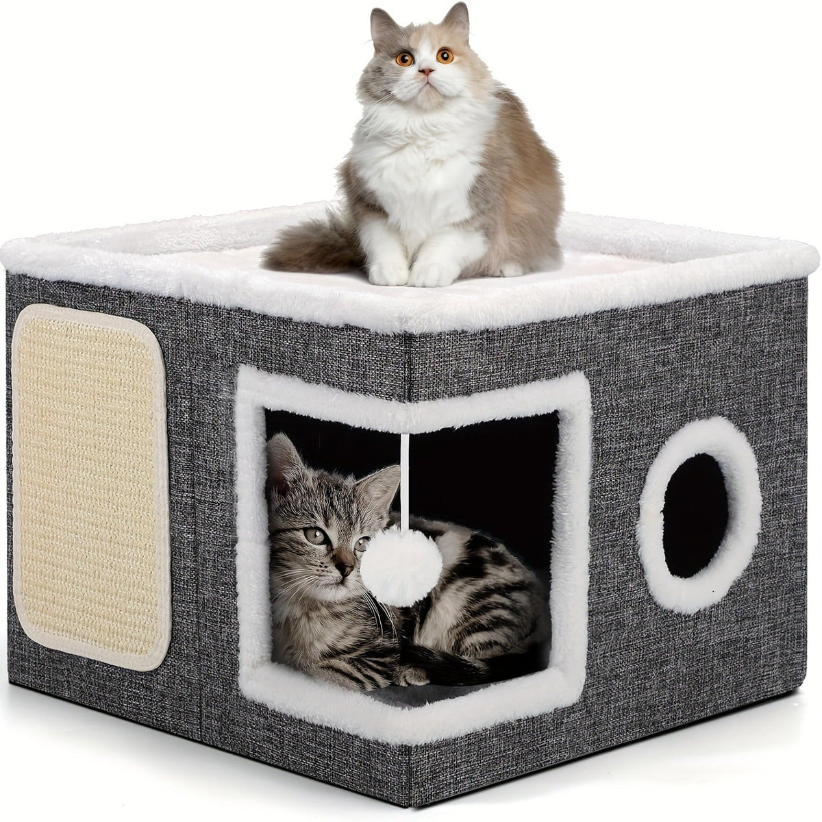 Foldable Gray Cat Condo with Top Platform, Scratch Panel, Openings and Four Cube-Style Options