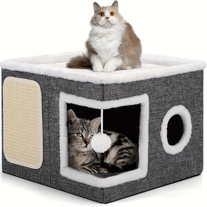 Foldable Gray Cat Condo with Top Platform, Scratch Panel, Openings and Four Cube-Style Options