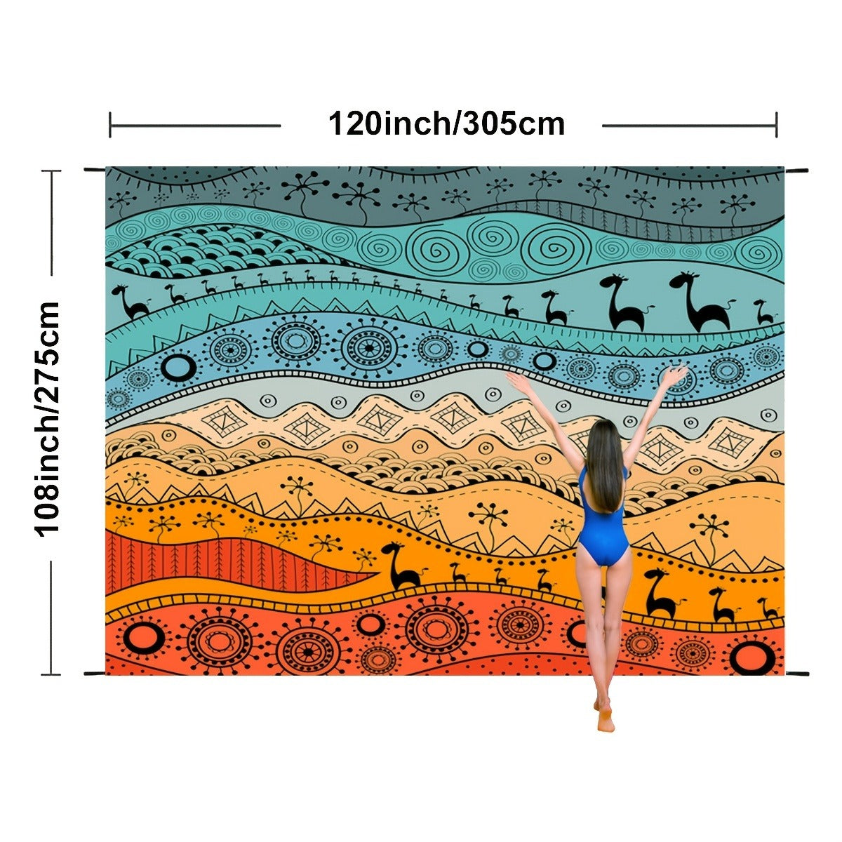Printed Beach Mat with 19 Exact Size-and-Pattern Options, 198 x 205cm to 275 x 305cm with Stakes and Pouch