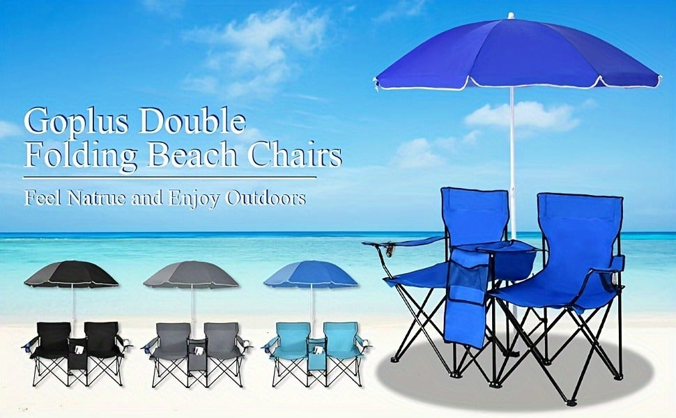 Folding Picnic Chair Set for 2 | Umbrella, Cooler Bag & Table, 600 Lbs Capacity, Portable