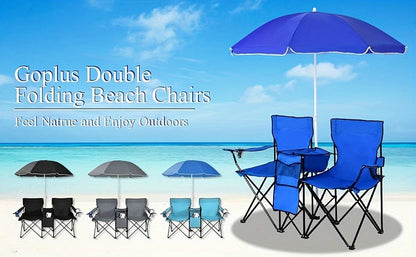 Folding Picnic Chair Set for 2 | Umbrella, Cooler Bag & Table, 600 Lbs Capacity, Portable