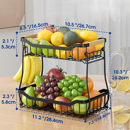 Fruit Basket with Banana Hook, 2 & 3 Tier Metal Stand, Removable Tiers, Wooden Handle, Kitchen Countertop Organizer for Fruits, Vegetables & Bread