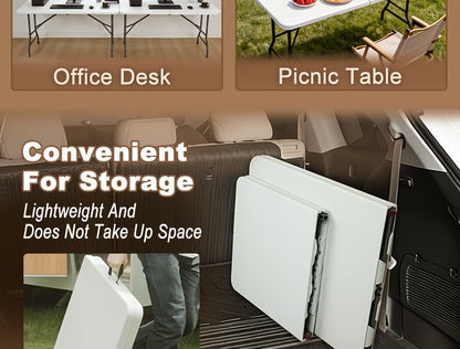 Folding Table 4ft and 6ft White Plastic Top with Black Metal Legs, Carry Handle and Adjustable Height