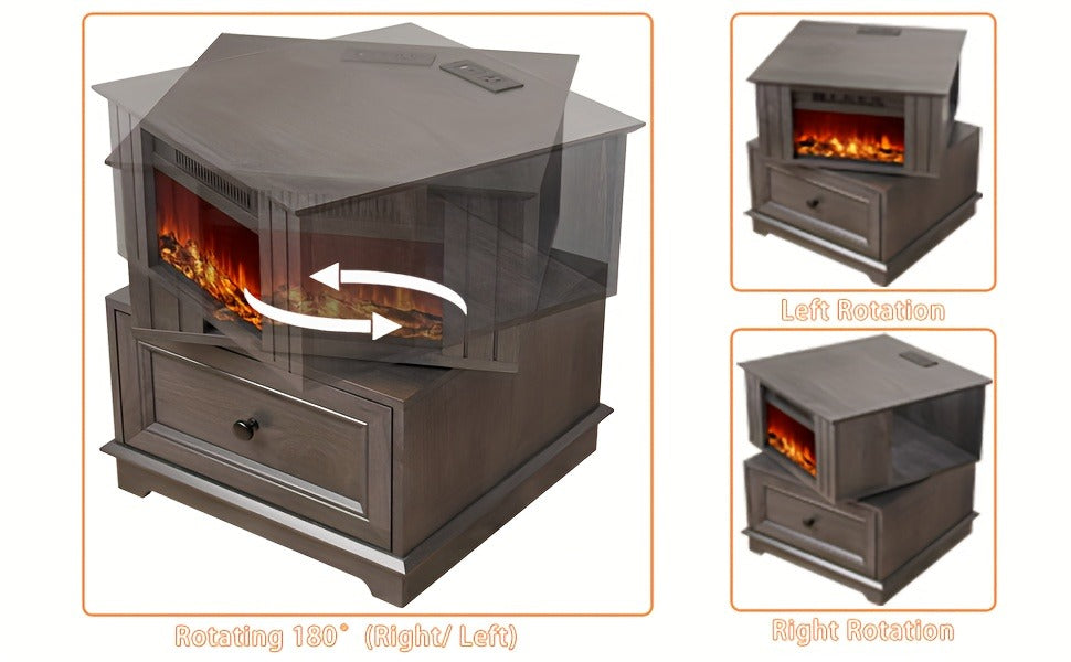 Electric Stove Heater End Table Rotatable Fireplace Side Table 1400W 4800 BTU Indoor Heater with Storage Cabinet Nightstand Overheat Protection