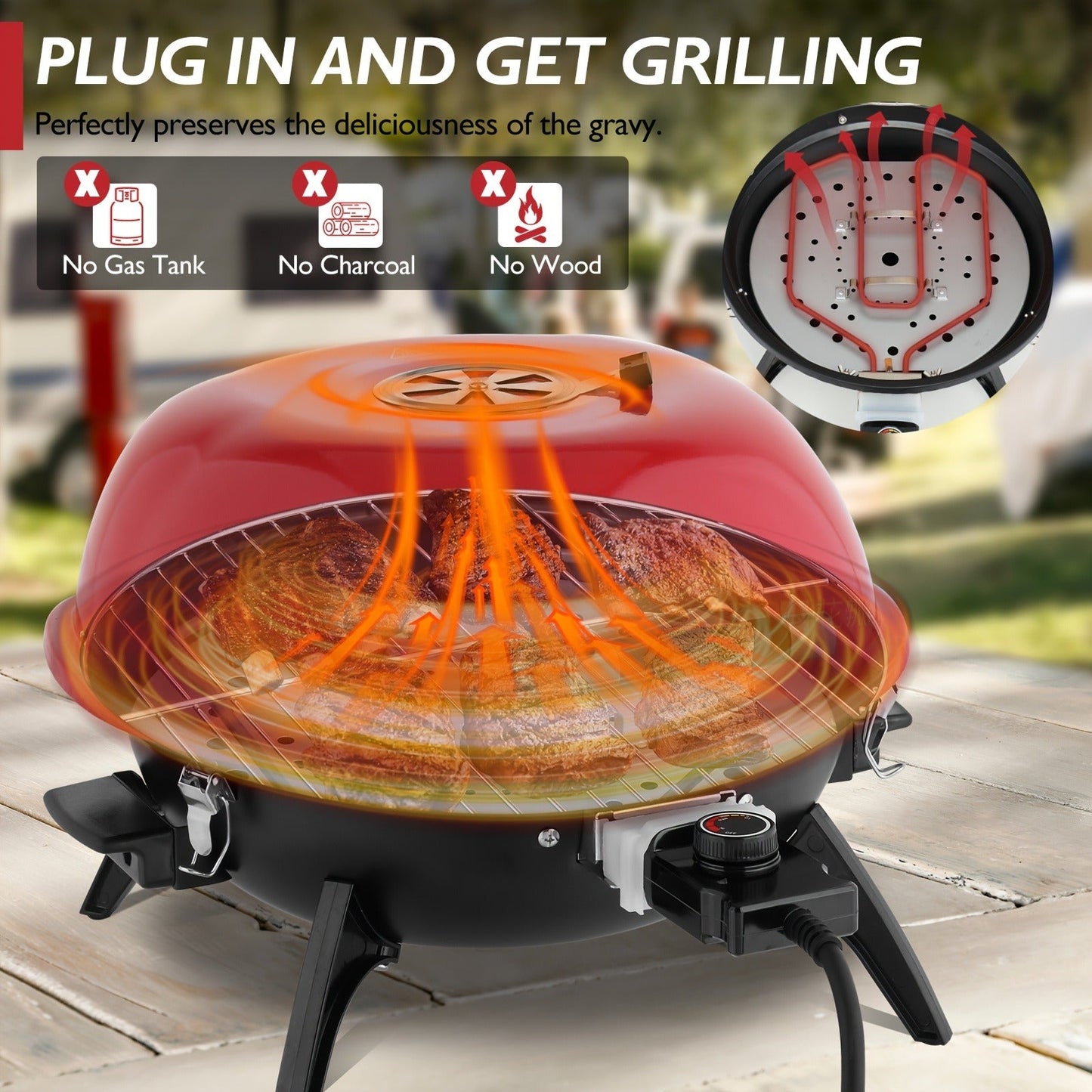Electric BBQ Grill 1600W Indoor Outdoor Tabletop Grill with Lid Stainless Steel Heating Tube Chrome Grate Cool-Touch Handle