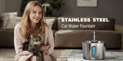 2.2L Pet Water Fountain with Stainless-Steel-Marked Basin, Water Window and 2+2 or 8+8 Filter Bundles