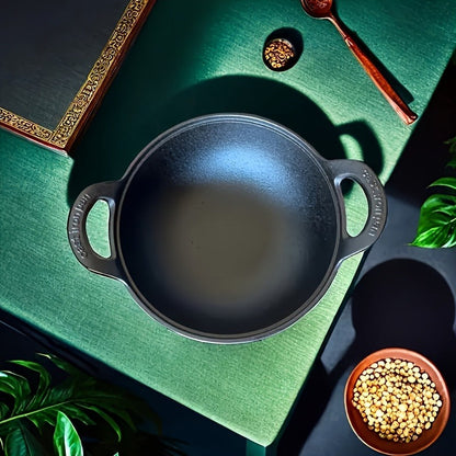 20cm Cast Iron Serving Pan with Dual Loop Handles, Rounded Deep Profile and Enamel Base Layer for Oven or Stovetop Use