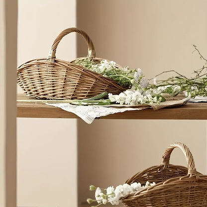 Natural Wicker Basket with Thick Walls – Handmade Farmhouse Storage Organizer for Flowers, Fruits & Vegetables, Rustic Indoor Outdoor Decor, 1 Piece