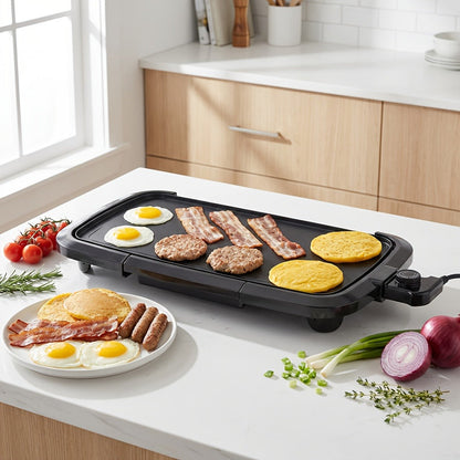 Electric Griddle Non-Stick Teppanyaki Grill Pan, Frying & Grilling All-in-One for Eggs, Steaks, Bacon, Pancakes & Seafood – Easy-Clean Indoor Electric Grill for Breakfast, BBQ & Party
