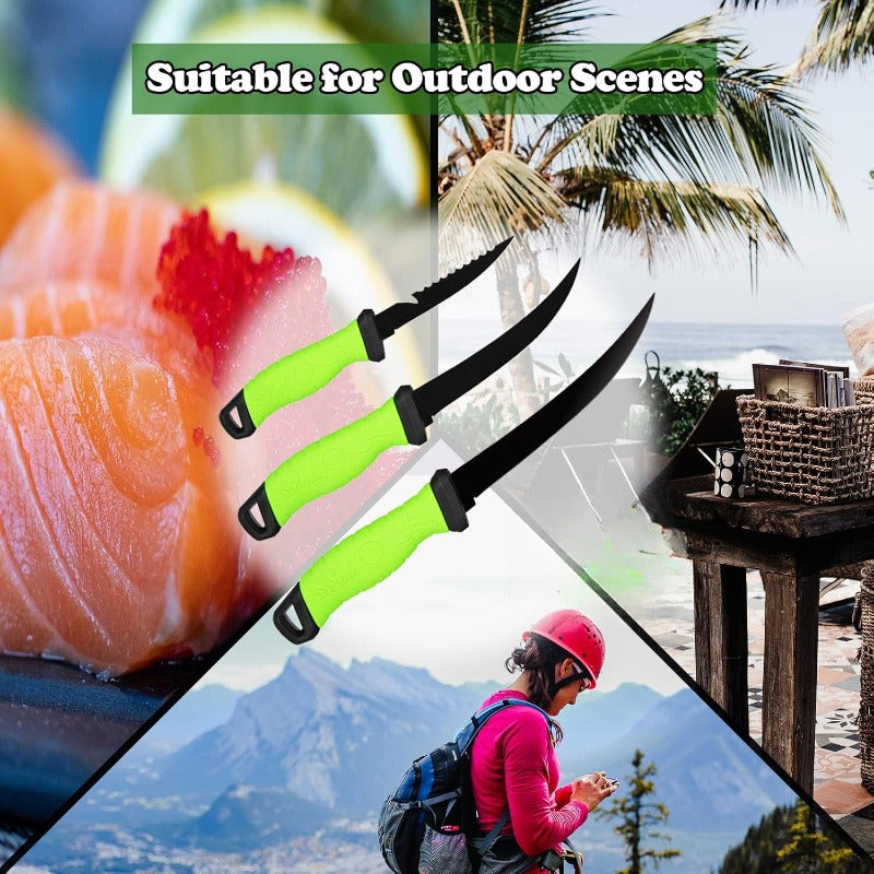 Three-Piece Stainless Steel Fishing Knife Set with 4.5 to 6.5 Inch Green-Handled Fillet Blades
