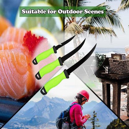 Three-Piece Stainless Steel Fishing Knife Set with 4.5 to 6.5 Inch Green-Handled Fillet Blades