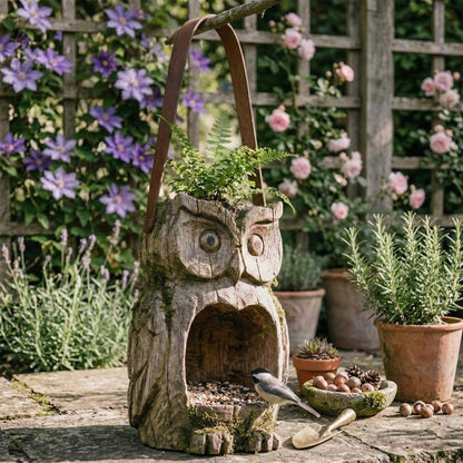 Rustic Owl-Shaped Hanging Bird Feeder and Planter with Open Front, Carry Strap and Hollow Log-Style Body