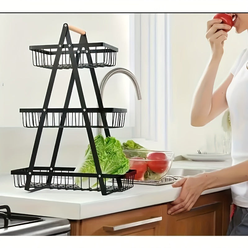 Tiered Fruit Basket with Removable Wooden Handles – 2 or 3 Tier Metal Kitchen Counter Organizer for Produce, Bread & Snacks