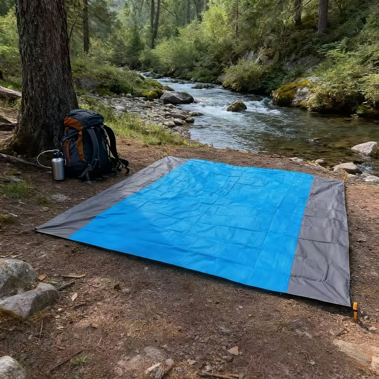210 x 200cm Picnic Mat with Blue Center Panel, Grey Border, Drawstring Carry Pouch and Ground Stakes
