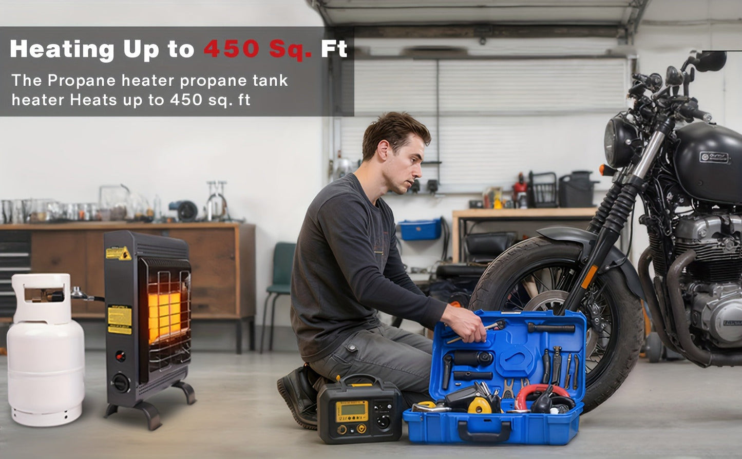 Black Cabinet Propane Heater with Three Heat Settings, Hose, Regulator and 24.4-Inch Pictured Height