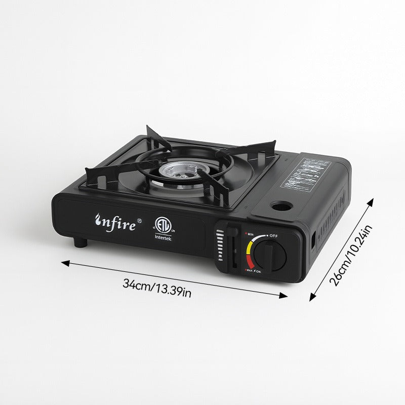 Black Single-Burner Butane Tabletop Camping Stove with Carrying Case, Adjustable Knob and US-Spec Option