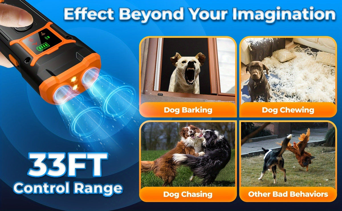 Rechargeable Handheld Ultrasonic Dog Training Aid with Dual Emitters, LED Light and Wrist Strap