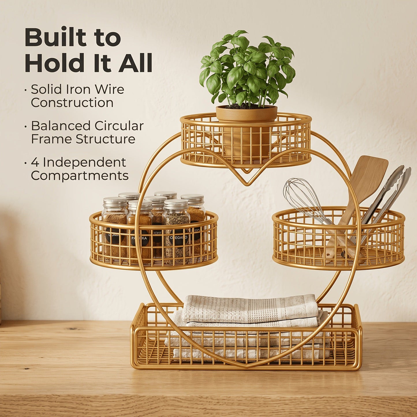 Wire Fruit Stand 3-Tier Golden Metal Basket | Large Capacity Kitchen Counter Organizer for Fruits Vegetables Bread Snacks Produce