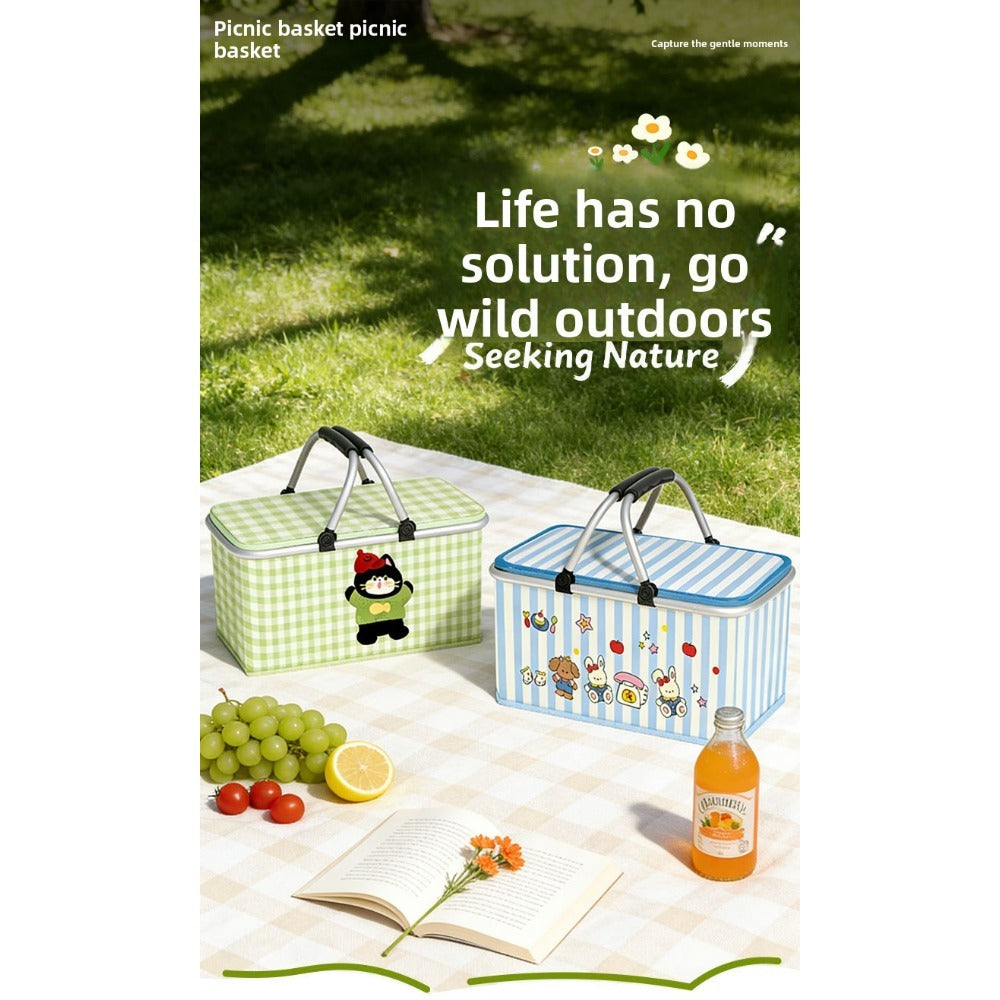 Aluminum-Frame Picnic Basket in Four Exact Fried-Egg, Kitten, Rabbit and Cherry Pattern Options