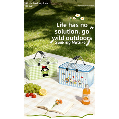Aluminum-Frame Picnic Basket in Four Exact Fried-Egg, Kitten, Rabbit and Cherry Pattern Options