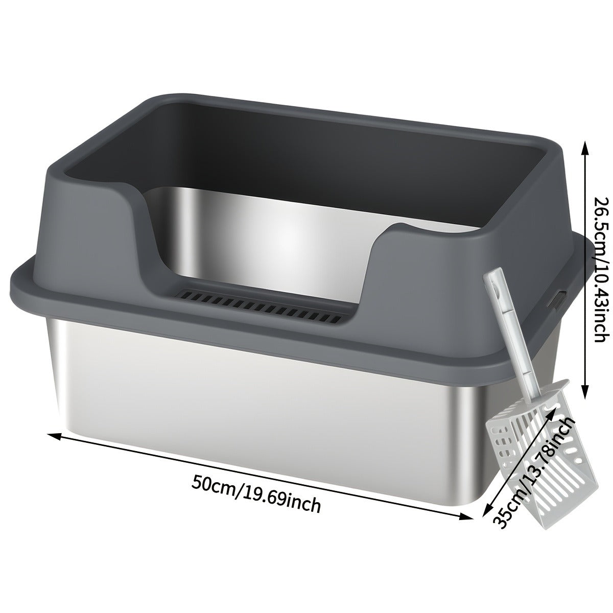 Stainless Steel Cat Litter Box with Scoop - High-Wall Semi-Enclosed Design, Non-Stick Easy Clean Surface, Anti-Leakage Odor Control, 2 Sizes for Kittens & Multiple Cats, Modern Metal Pet Toilet