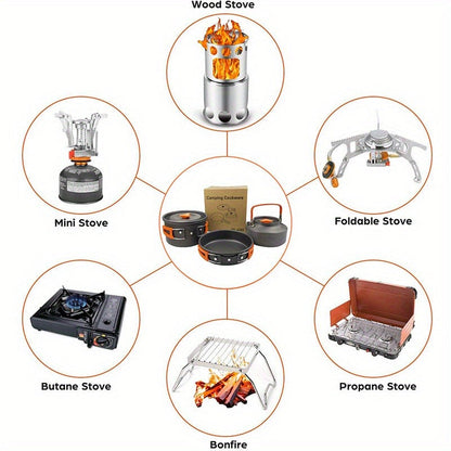 Camping Cookware Set, Aluminum Pot, Frying Pan and Kettle Kit with Folding Handles, Cutlery and Carry Bag