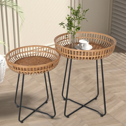 Rattan Side Table Nesting Tables Set of 2 Round Boho End Table Natural Bamboo Woven Coffee Table Metal Base for Living Room Bedroom Sofa Terrace