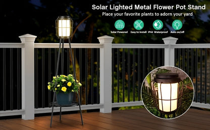 Solar Floor Lamp with Metal Plant Stand 36 Inch Outdoor Solar Light Flower Shelf for Patio Deck Yard Garden Outdoor Decor Gift Set of 2