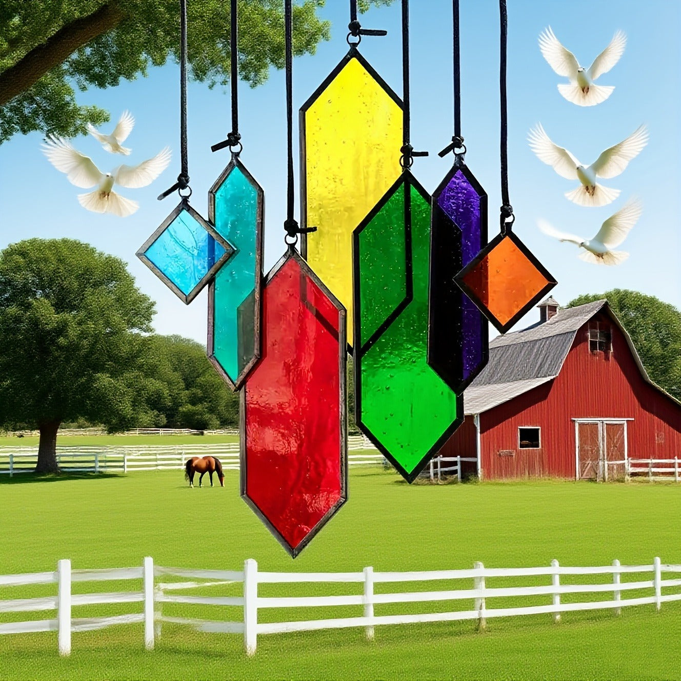 Hanging Geometric Color-Panel Suncatcher Ornament in Multicolor or Blue Checkout Options for Window and Garden Display