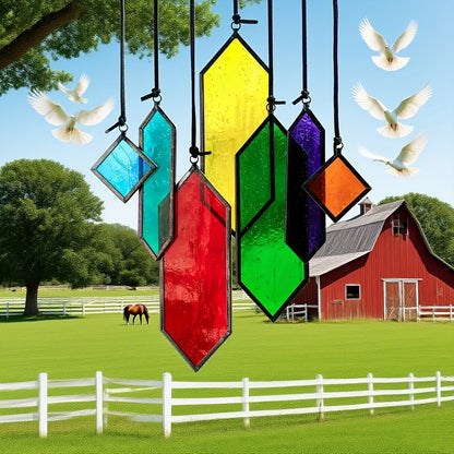 Hanging Geometric Color-Panel Suncatcher Ornament in Multicolor or Blue Checkout Options for Window and Garden Display
