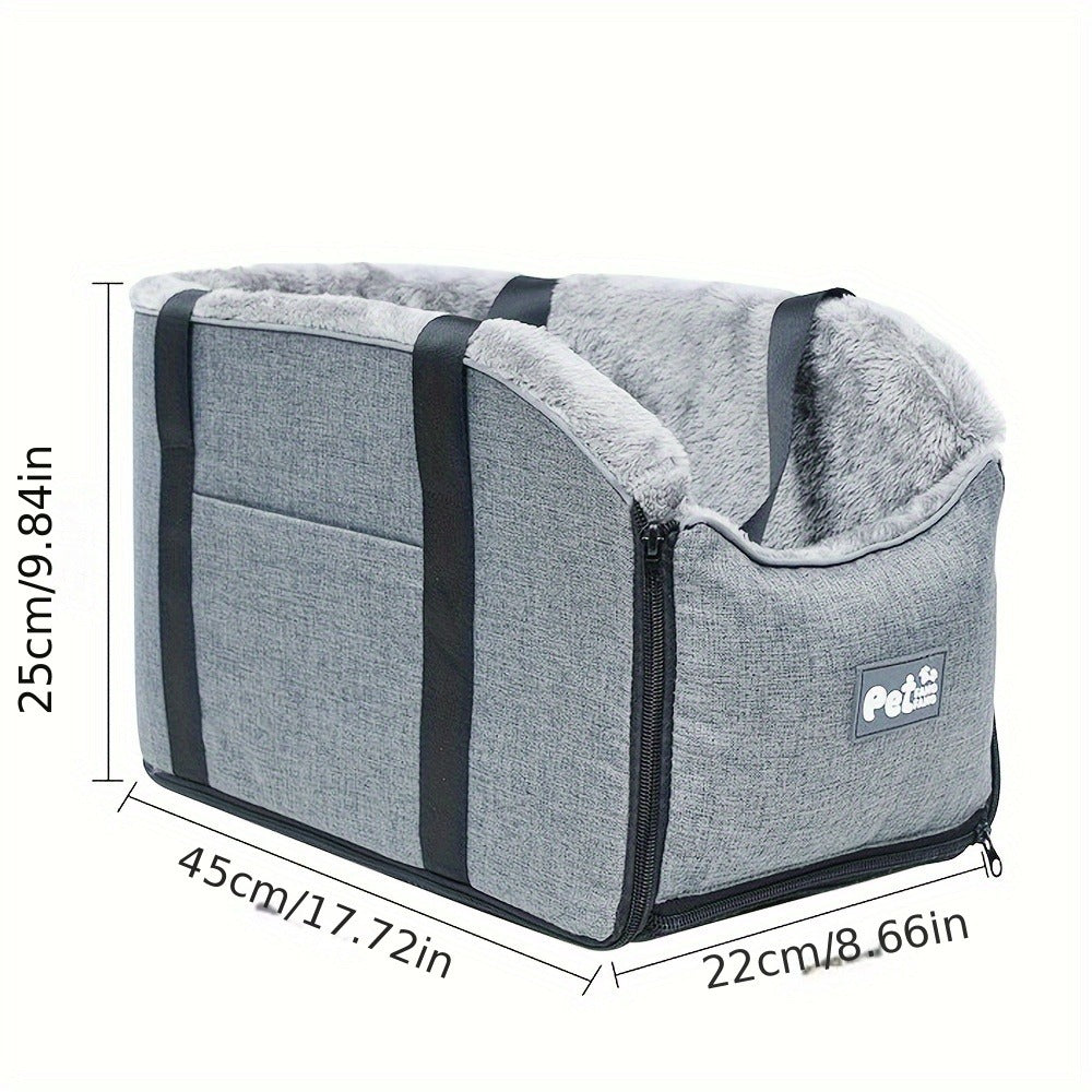 Open-Top Pet Carrier Car Seat Tote with Padded Rim, Attachment Straps, Interior Clip and Grey Fabric Exterior