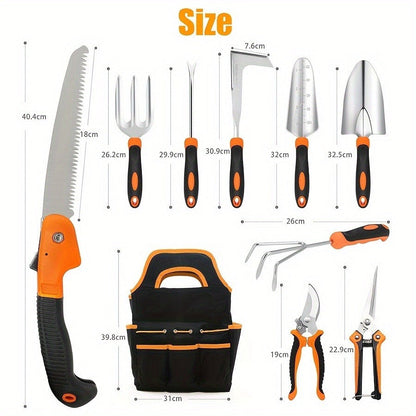 Garden Tool Set 10-Piece | Heavy Duty Stainless Steel Trowel Pruner Rake Weeder with Tote Bag | Ergonomic Non-Slip Grip Gardening Kit Gift for Women Men
