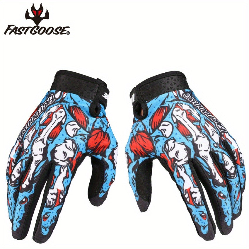 Printed Full-Finger Motocross Gloves with Black Palms, Wrist Closures, Blue or Yellow in M to XL