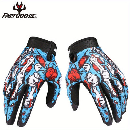 Printed Full-Finger Motocross Gloves with Black Palms, Wrist Closures, Blue or Yellow in M to XL