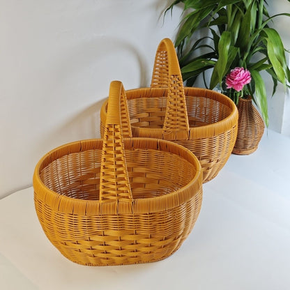 Rattan Basket Woven Shopping Basket with Handle – Extra Large Handcrafted Picnic Basket for Fruits, Eggs, Vegetables, Farmers Market & Shelf Storage, 36×28×20cm