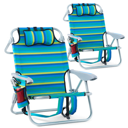 Folding Beach Chair Lay Flat Camping Chair for Adults 4 Position Adjustable Backpack Chair with Cup Holder Towel Bar Cooler Pouch Lightweight Portable Outdoor Lounge Chair
