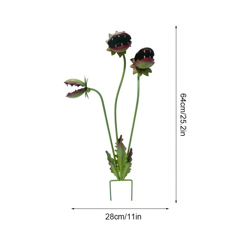 Three-Head Flower-Monster Garden Stake with Pictured 25.19-Inch Height for Planter, Lawn or Patio Display