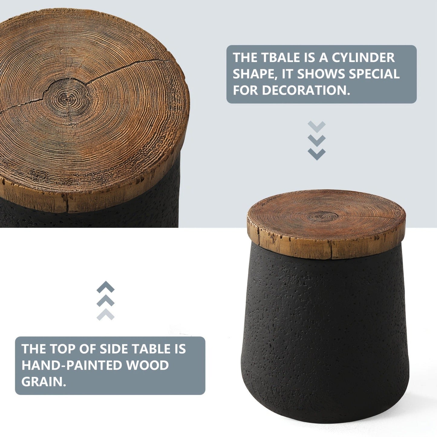 Outdoor Side Table 17-Inch Concrete Design with Wood-Look Finish in Black, Hourglass or Small Options