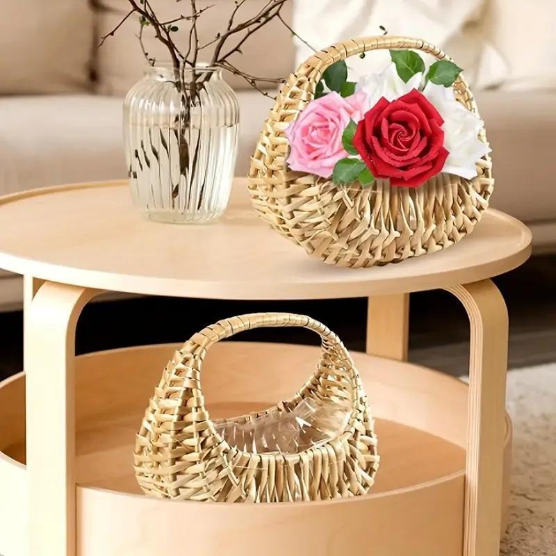 Wicker Basket Set Half Moon Shape with Handle – Small Rattan Baskets 3/5/6 Pcs for Wedding Flower, Home Decor, Garden Storage & Picnic, Plastic Liner Included, 6.7×6.5×4.3 in