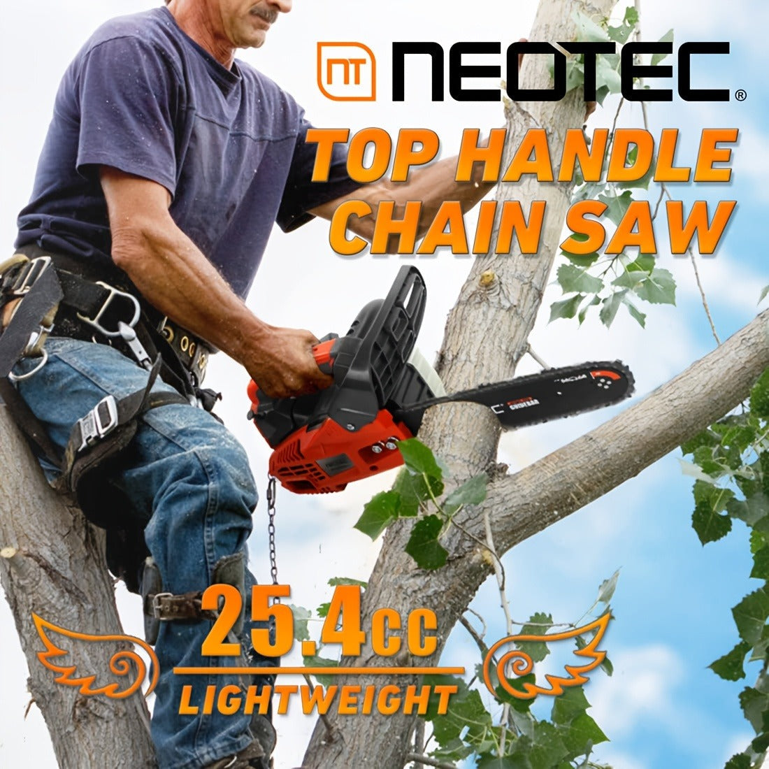 NEO-TEC NCS2500 Top Handle Gas Chainsaw 12-Inch – 25.4CC 2-Stroke, One-Hand Operation, 8 lbs, Easy Start, Portable Tree Cutting Saw