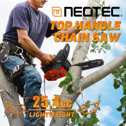 NEO-TEC NCS2500 Top Handle Gas Chainsaw 12-Inch – 25.4CC 2-Stroke, One-Hand Operation, 8 lbs, Easy Start, Portable Tree Cutting Saw