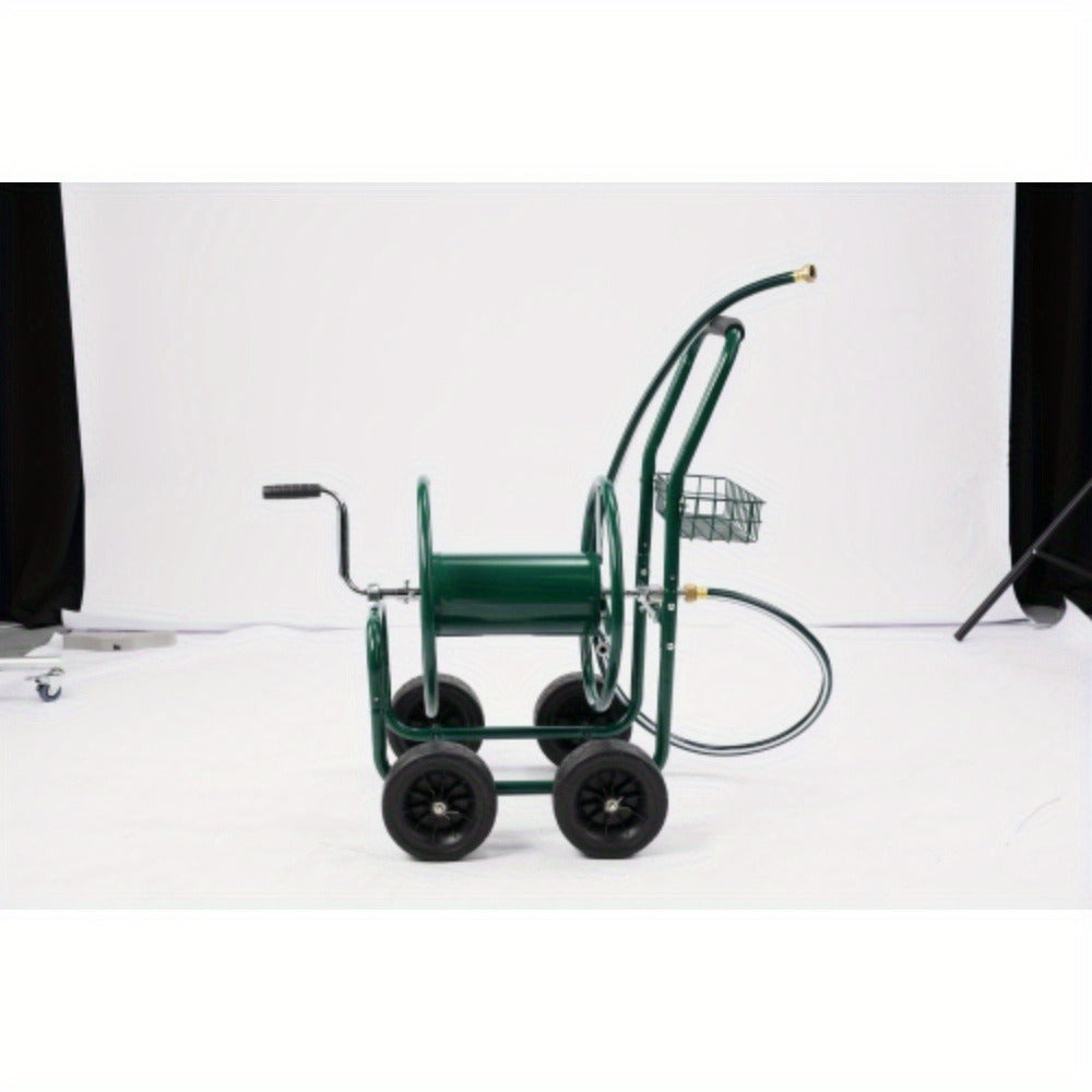 Four-Wheel Garden Hose Reel Cart in Green with Crank Handle, Storage Basket and Padded Push Grip