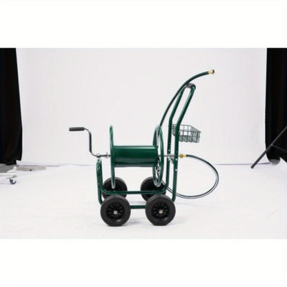 Four-Wheel Garden Hose Reel Cart in Green with Crank Handle, Storage Basket and Padded Push Grip