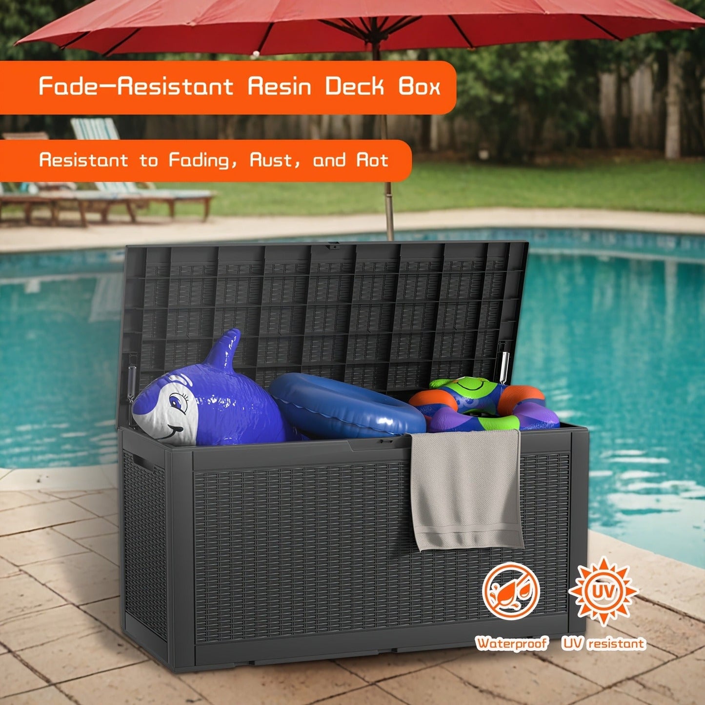 100-Gallon Rattan-Style Outdoor Deck Box with Lockable Lid, Lift Supports and Black Finish