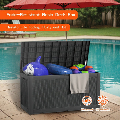 100-Gallon Rattan-Style Outdoor Deck Box with Lockable Lid, Lift Supports and Black Finish