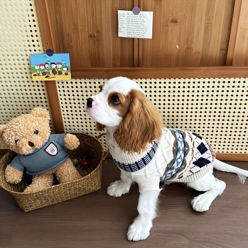 Cable Knit Dog Sweater Turtleneck - Thick Warm Winter Pet Pullover with Fair Isle Pattern, Cozy Cold Weather Knitwear for Small Medium Large Dogs & Cats, Outdoor Dog Clothes XS-XL, Beige & Blue