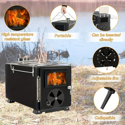 Wood Burning Camp Stove with Chimney Pipe Portable Outdoor Camping Stove for Cooking, BBQ, Boiling Water & Heating, Stainless Steel Hot Tent Stove with Folding Rack, Ash Hook & Accessories Included